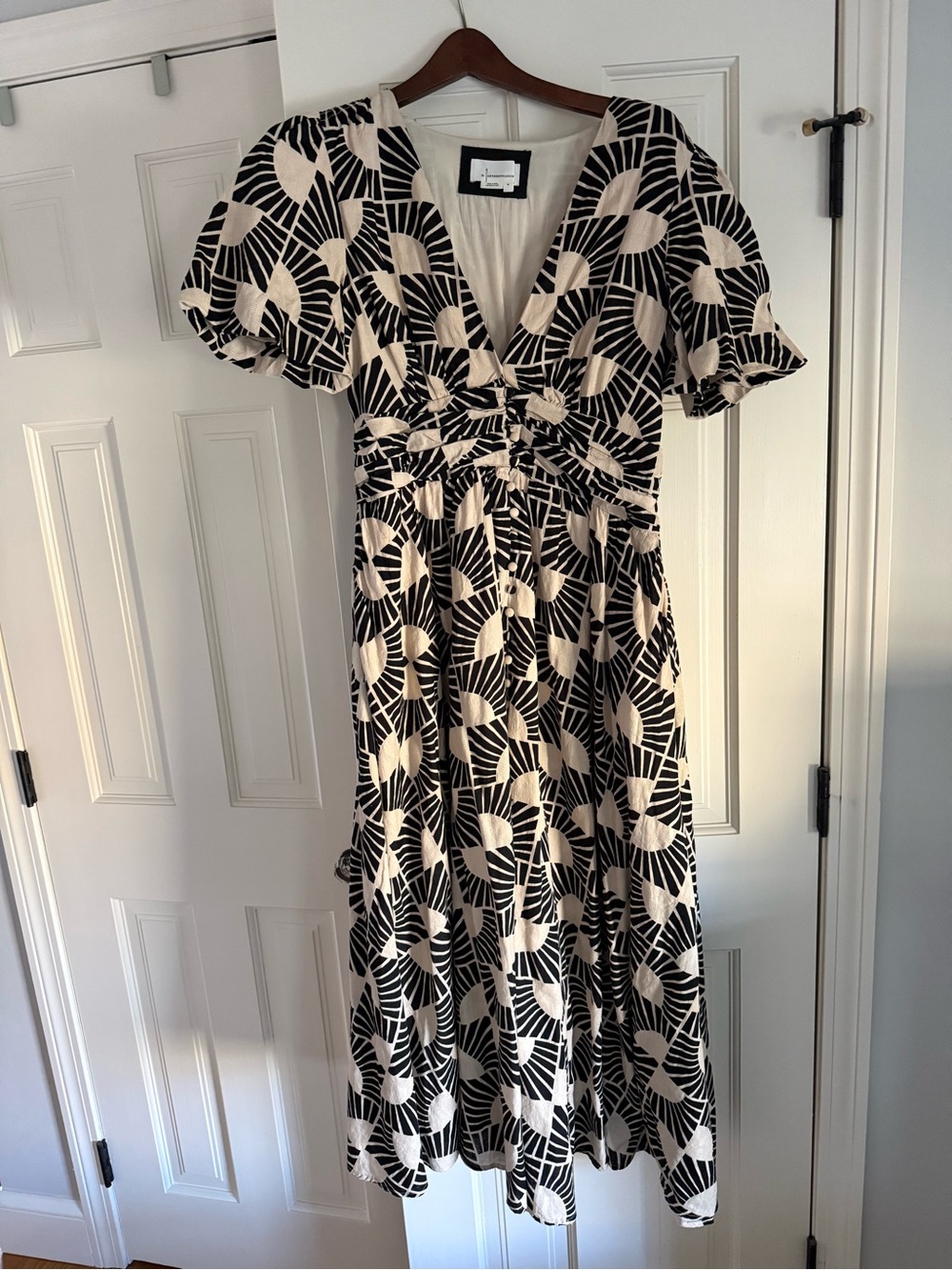 Anthropologie Black & Cream Geometric V-Neck Midi Dress